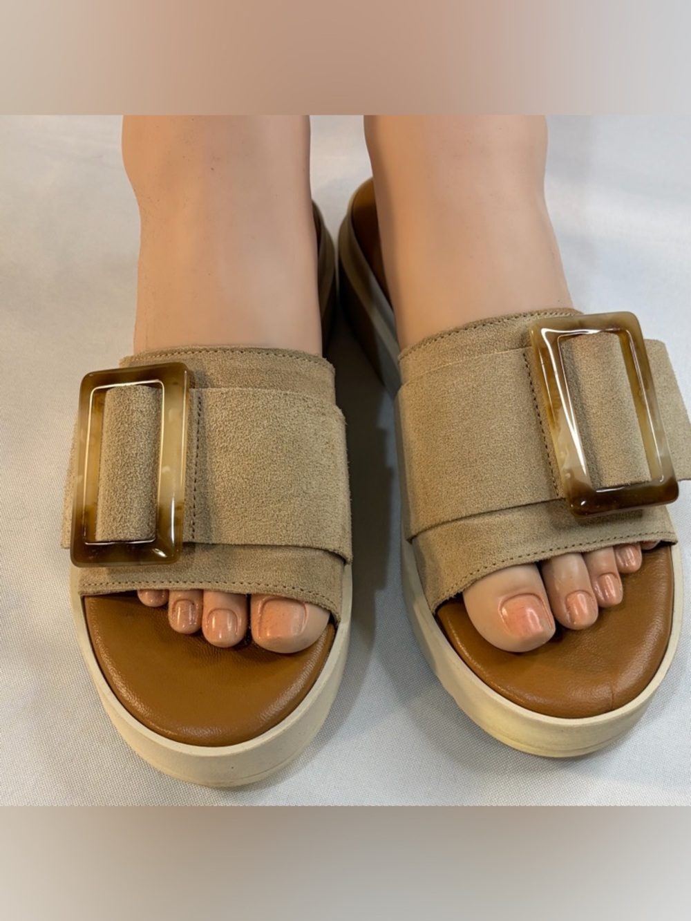 Simona Rossi Platform Suede Leather Sandals Slip On Beige Buckle Boho Sz 7.5